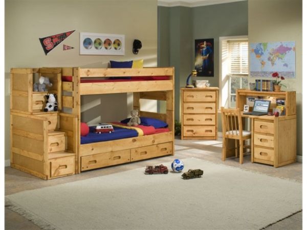 double deck bed with cabinet