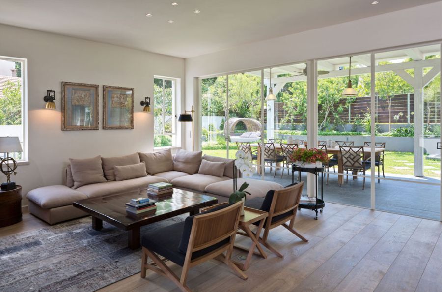 Modern living room with large glass walls