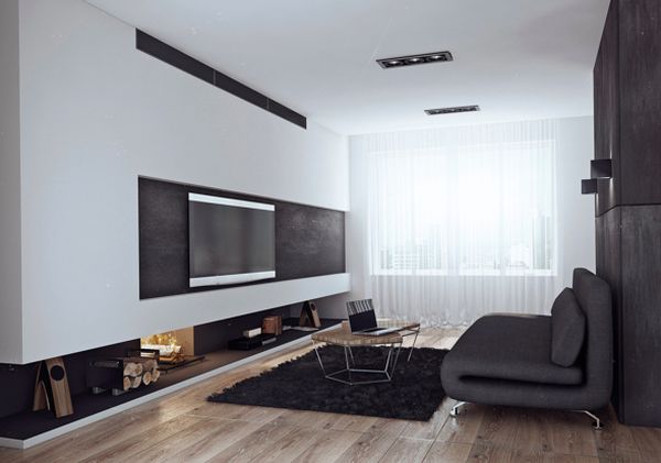 Modern minimalist bachelor pad in dark hues