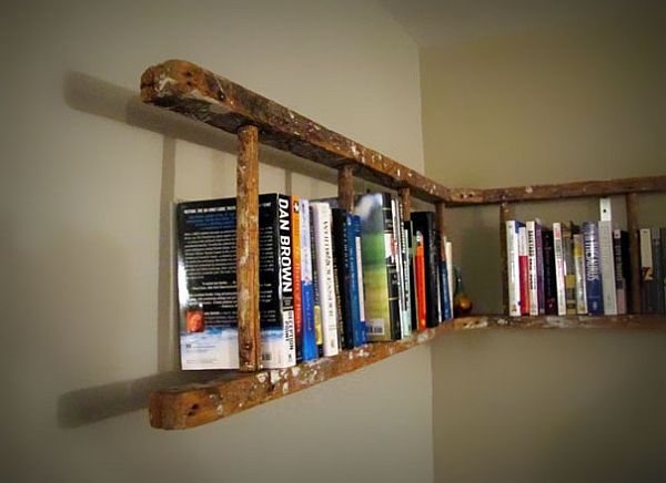 Old ladder turned bookshelf