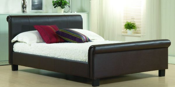 Opulent brown leather sleigh bed design