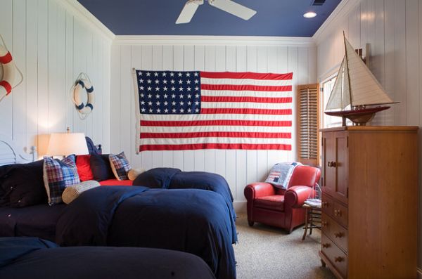 Painted ceiling accentuates the red, white and blue color scheme of the room