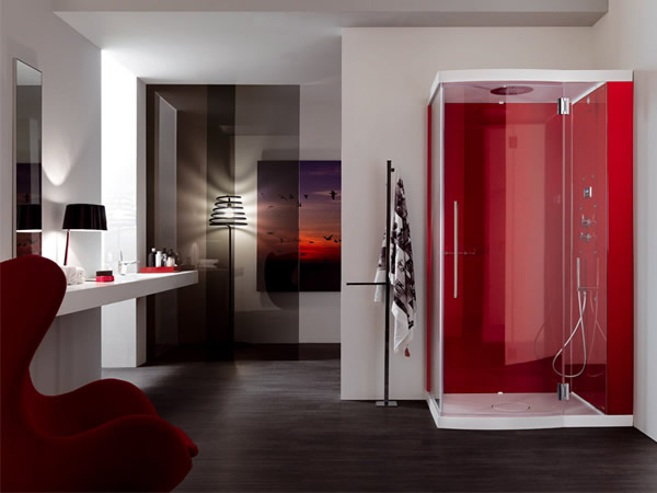 Ravishing red steam shower cabin brings the interior alive!