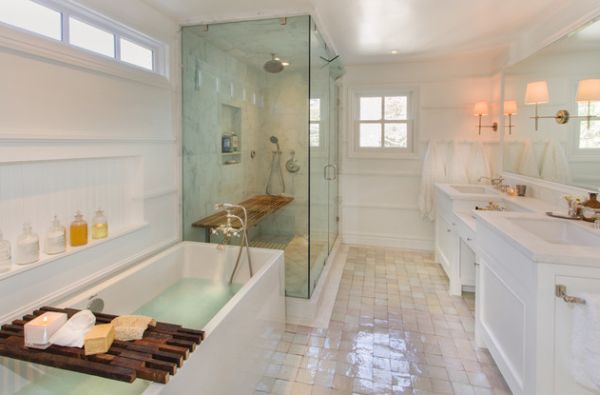 Rustic wooden bench inside the steam shower stands out in the modern bathroom