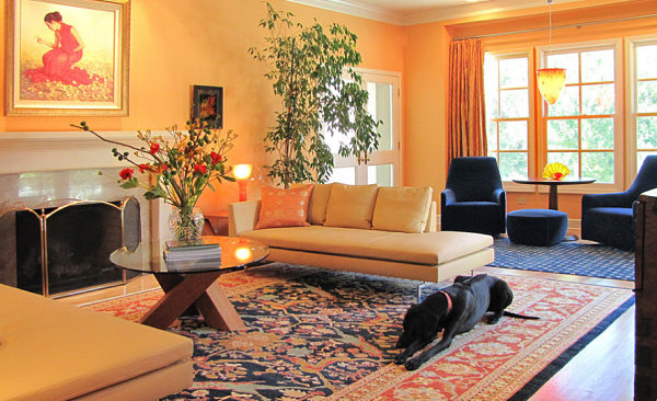 San Francisco living room in peach and navy tones