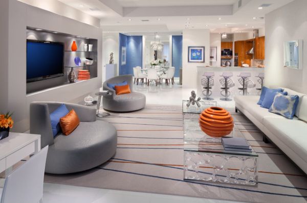 Sophisticated bachelor pad with pops of bright orange