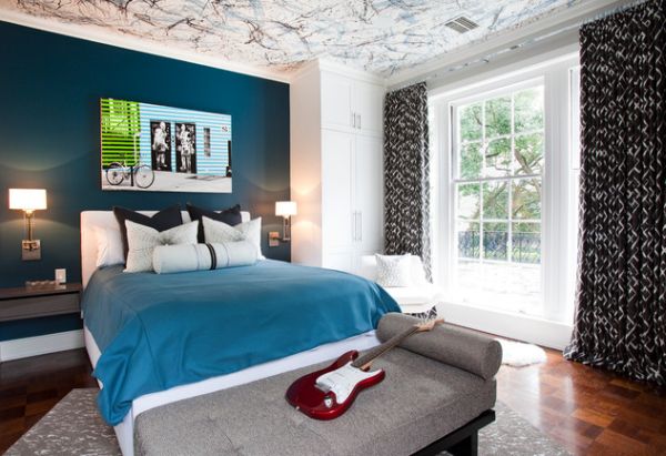 Splatter Painted Ceiling In Three Different Colors Enlivens The Boys Bedroom 