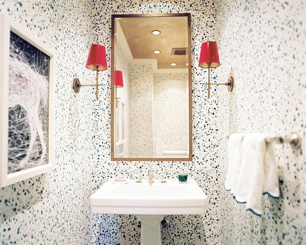 Splatter wallpaper in a small bathroom