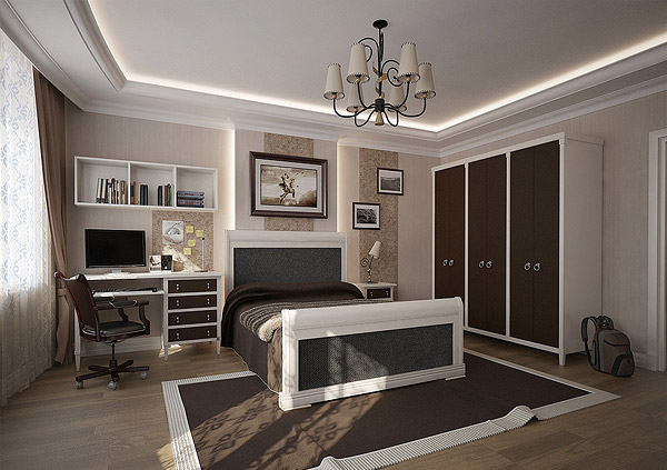 Chambre à coucher élégante pour adolescents, habillée de brun et de crème' bedroom clad in brown and cream