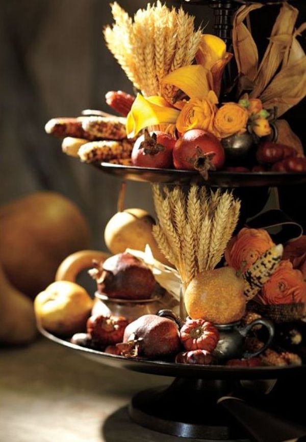 Two-tiered centerpiece with fresh fall produce