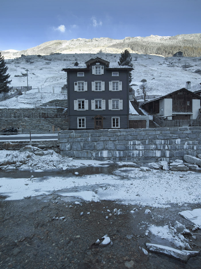 View of Brücke 49 facade in Vals, Eastern Switzerland