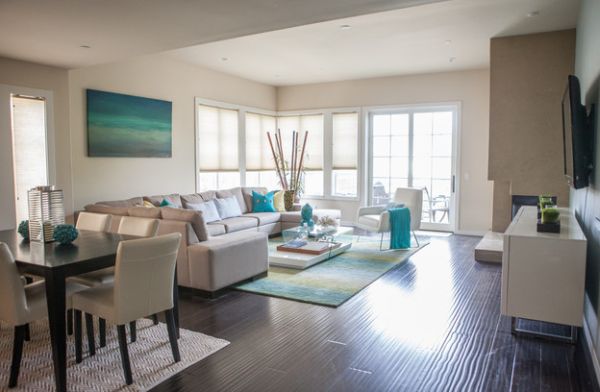 White coupled with turquoise gives the bachelor pad a coastal look