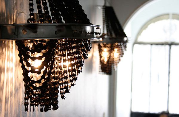 upcycled bicycle parts into lighting