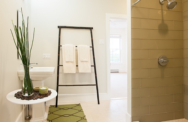 Bamboo towel ladder in the modern bathroom