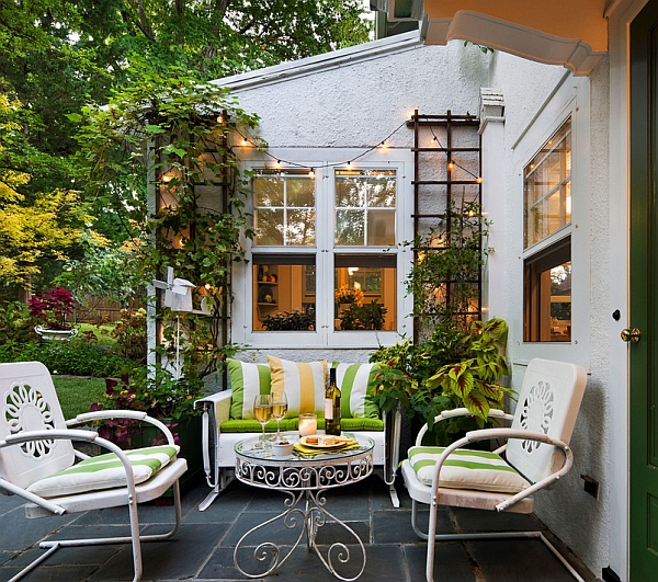 Beautiful porch with string lights in the backdrop