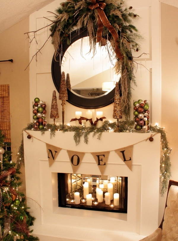 Candles inside the fireplace make for a gorgeous visual