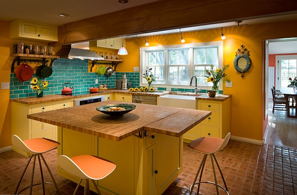 Colorful farmhouse kitchen with the Onda Swivel Bar Stool