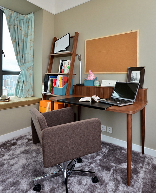 Compact ladder shelves in the home office help save up on space