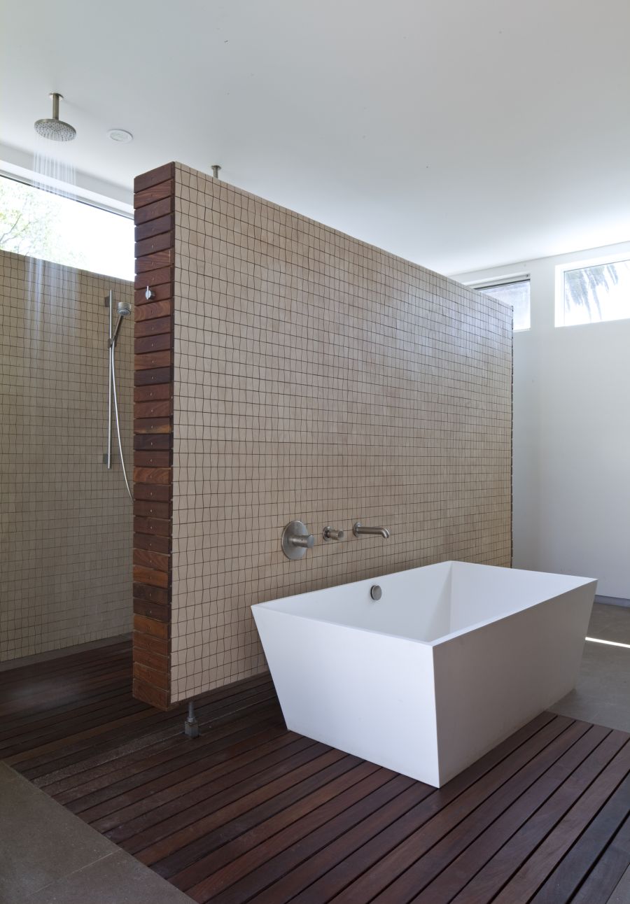 Contemporary bathroom with wooden flooring