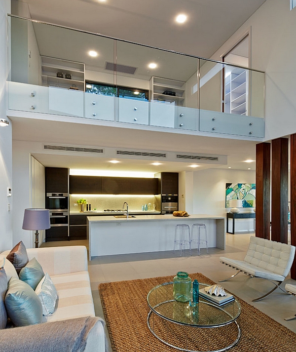 Contemporary Living Room In White With Glass Fence For Mezzanine Floor 