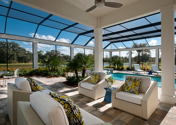 Contemporary porch and pool area offer unobstructed view of the outdoors