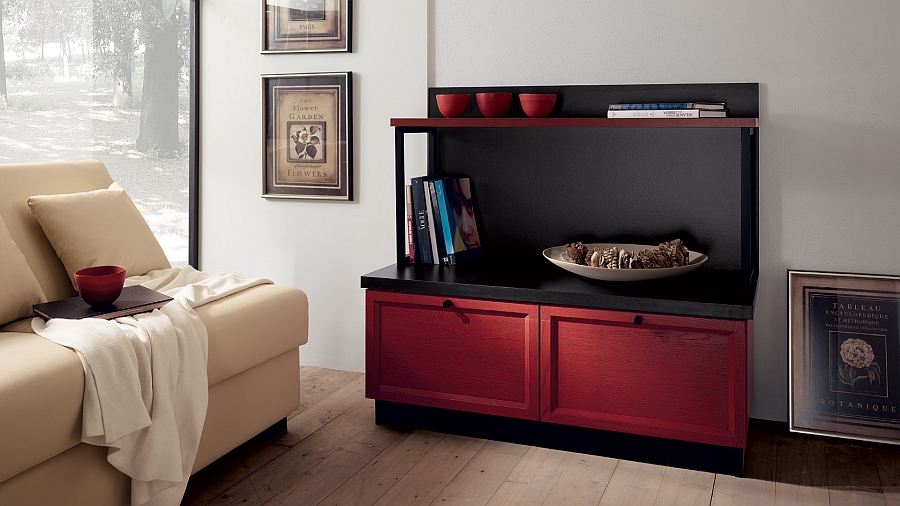 Create a open floor kitchen and living room in red and white