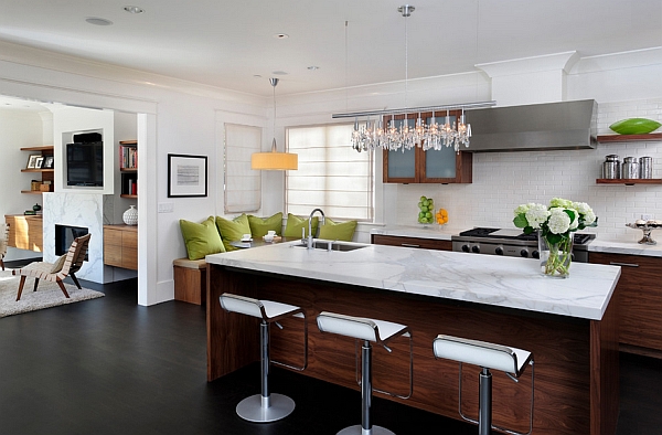 Elegant bar stools complement the countertop perfectly