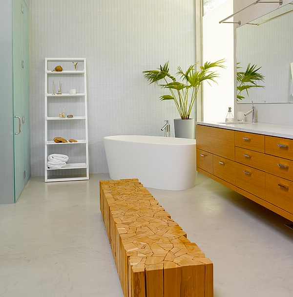 Elegant ladder shelves are a popular addition to the contemporary bathroom