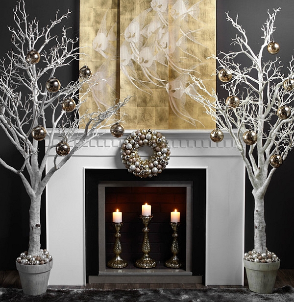 Exquisite and minimalist Christmas hearth idea in white and gold