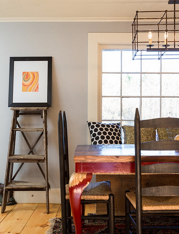 Farmhouse styled dining room with a minimal ladder display