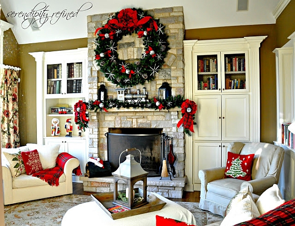 Giant wreath above the fireplace mantel steals the show