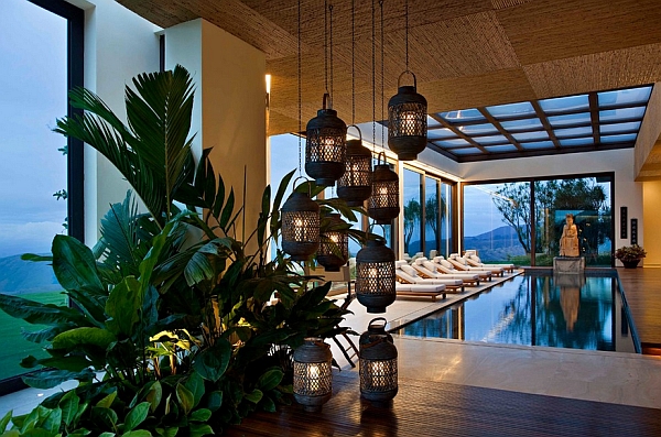 Indoor swimming pool with asian style lantern lighting