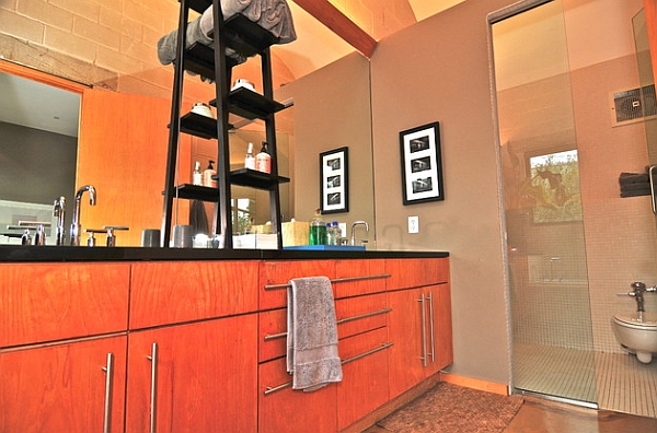 Japanese-styled master bath in bright colors