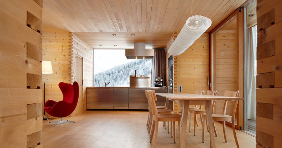 Kitchen area with the iconic egg chair in red