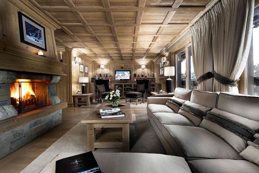Large living room with fireplace in the French Alps Retreat