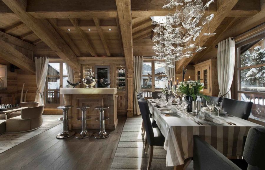 Lavish home bar and dining area at the French Chalet