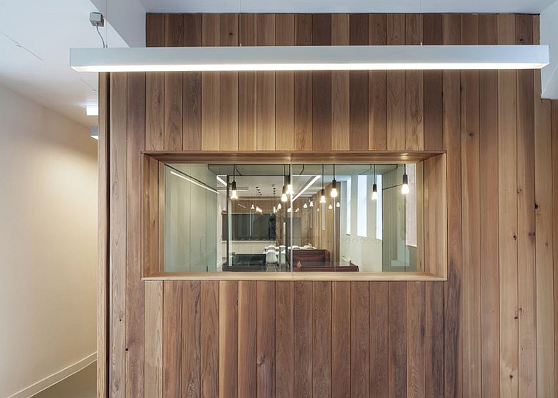 Lighting and wooden walls inside Arts Council England building