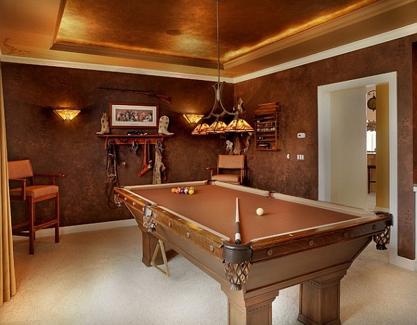 Lovely leather walls in game room create an opulent setting