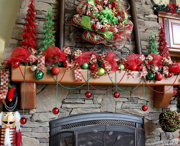 Mardi Gras beads and ornaments engulf the fireplace mantel