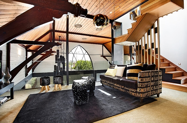 Mezzanine level inside an old church converted into a modern residence