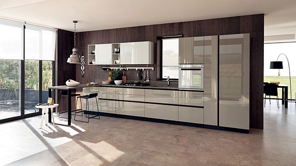 Modern kitchen with wooden slats wall