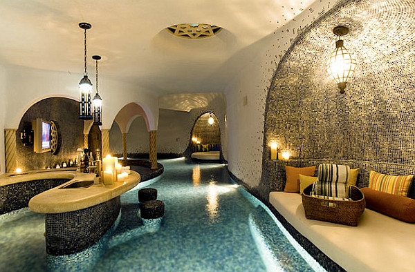 Moroccan-styled indoor pool with a bar!