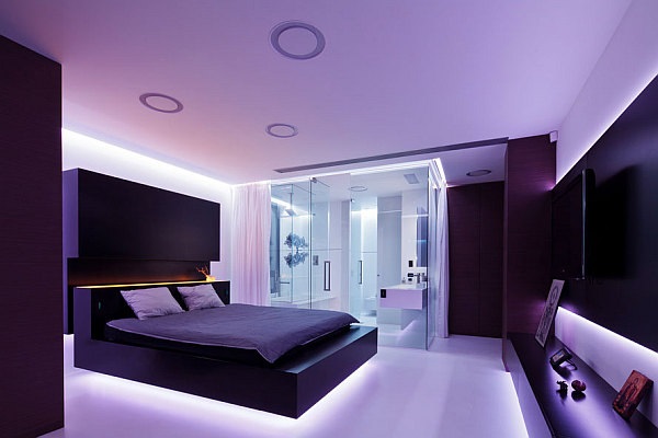 Neon lighting enhances a DIY platform bed