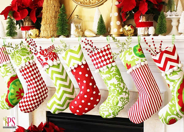 Red, Gold and Lime Christmas mantel decor idea