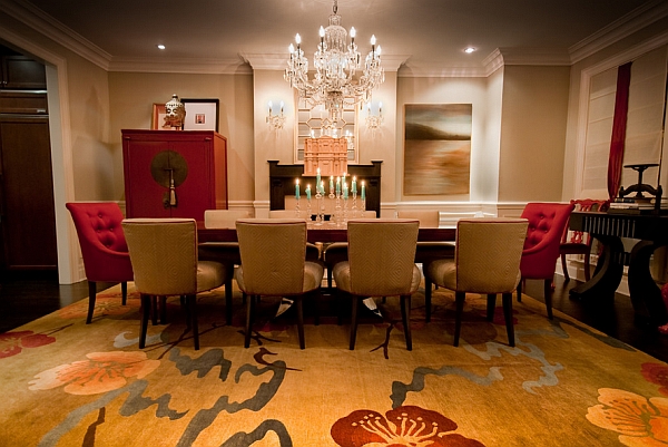 Red and gold dining room with Chinese influences