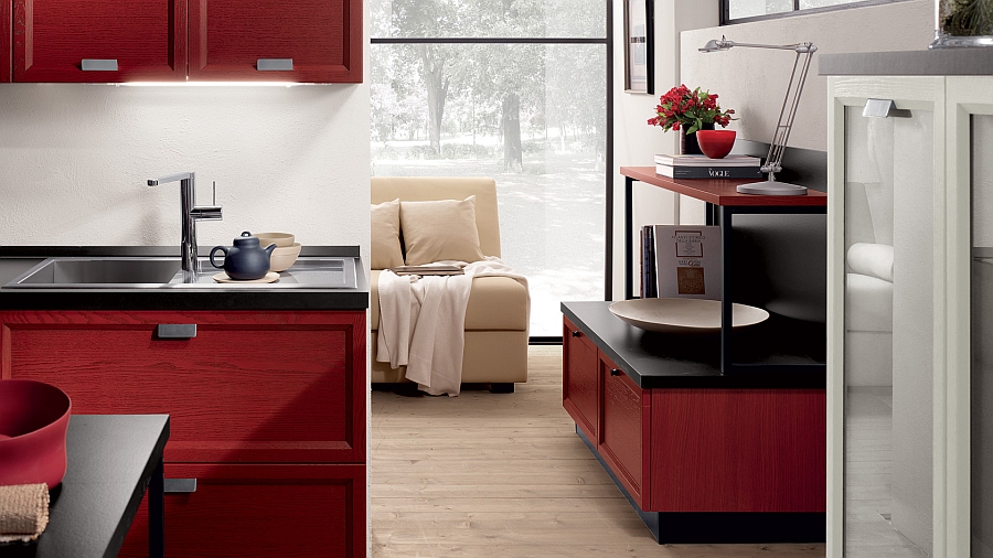 Red and white cabinets in the living room match the kitchen