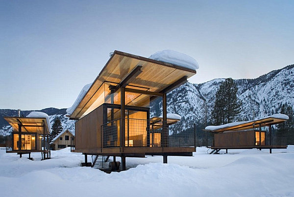 Rolling huts in snowy Washington