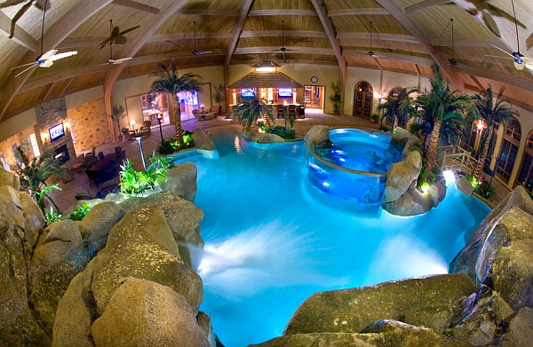 Salt-water aquarium and waterfalls usher in a tropical lagoon setting