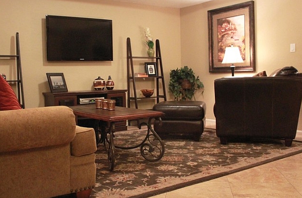 Sleek ladder shelves flank the wall-mounted TV