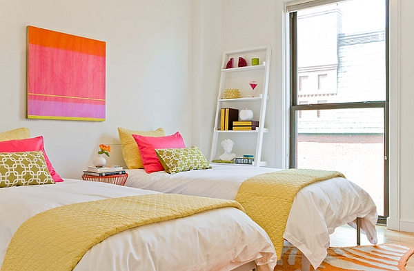 Sloane White Leaning Bookcase in the bedroom